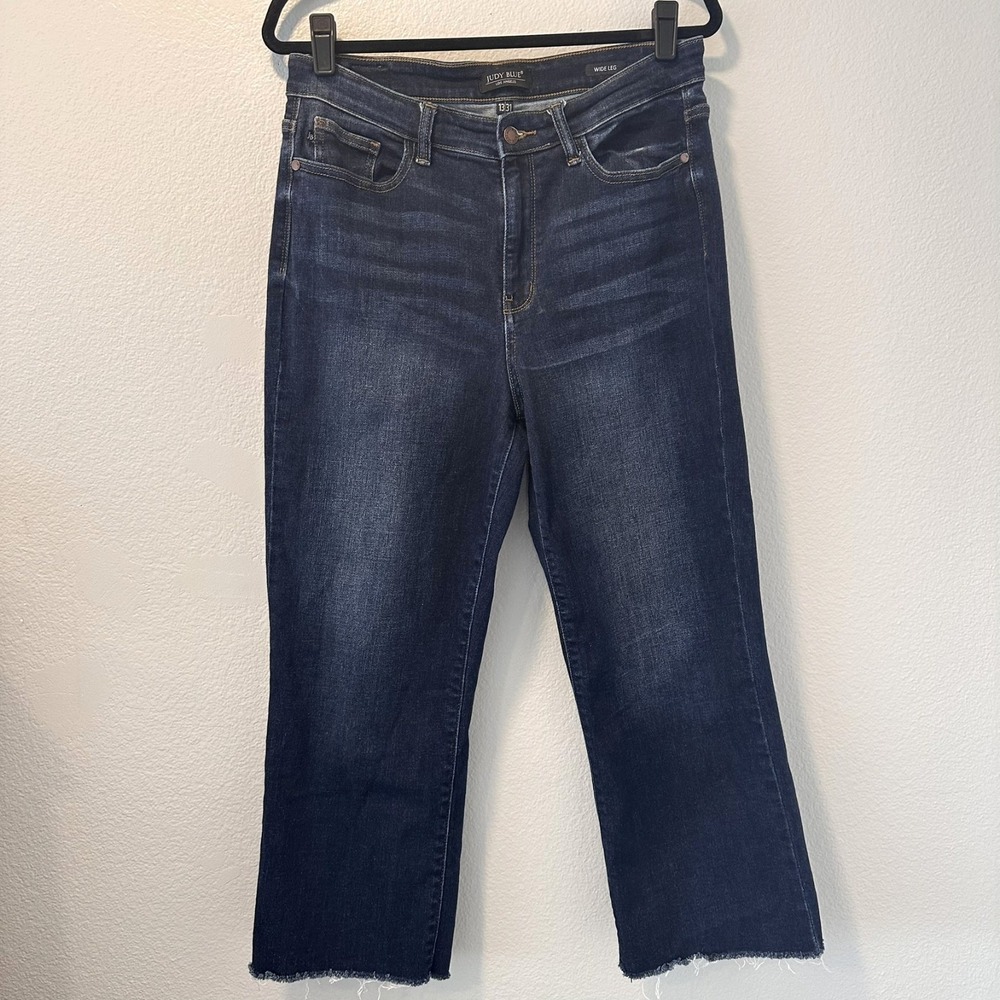 Judy Blue‎ Women's 13/31 Jean Blue Wide Leg Crop Frayed Hem High Rise Denim